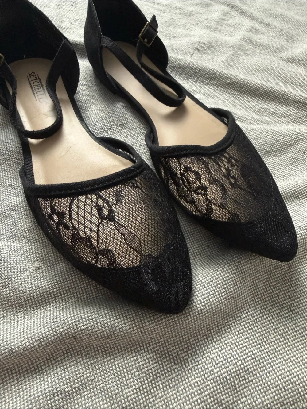 Seychelles Black Lace Pointed D'Orsay Flats with Ankle Strap